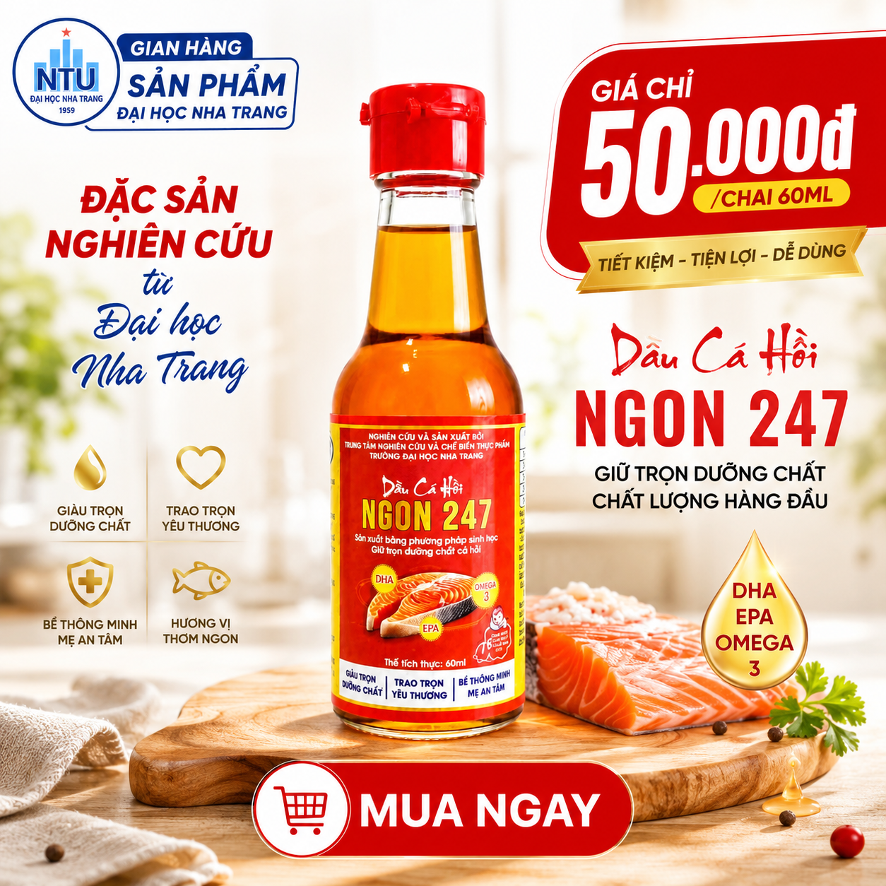 Dầu cá hồi Ngon247 - Đại học Nha Trang - (chai 60ml)