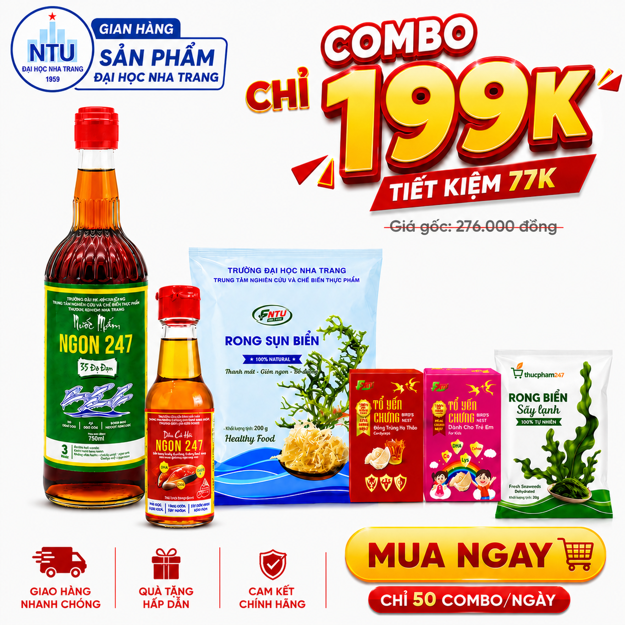 Combo cao cấp 199K (Nước mắm 35 độ 750ml, Yến Kids,....)