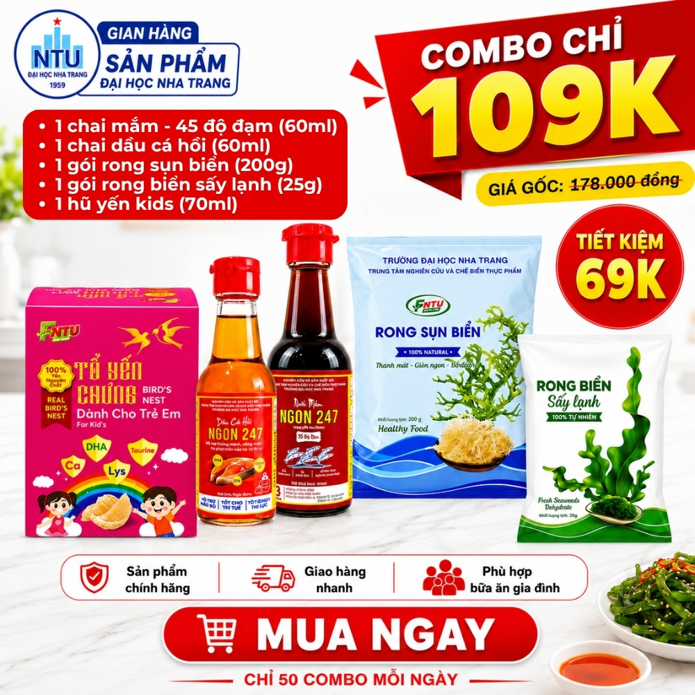 COMBO 129k: nước mắm ngon247 - độ đạm + dầu cá hồi + yến Kid + rong biển sấy lạnh + rong sụn