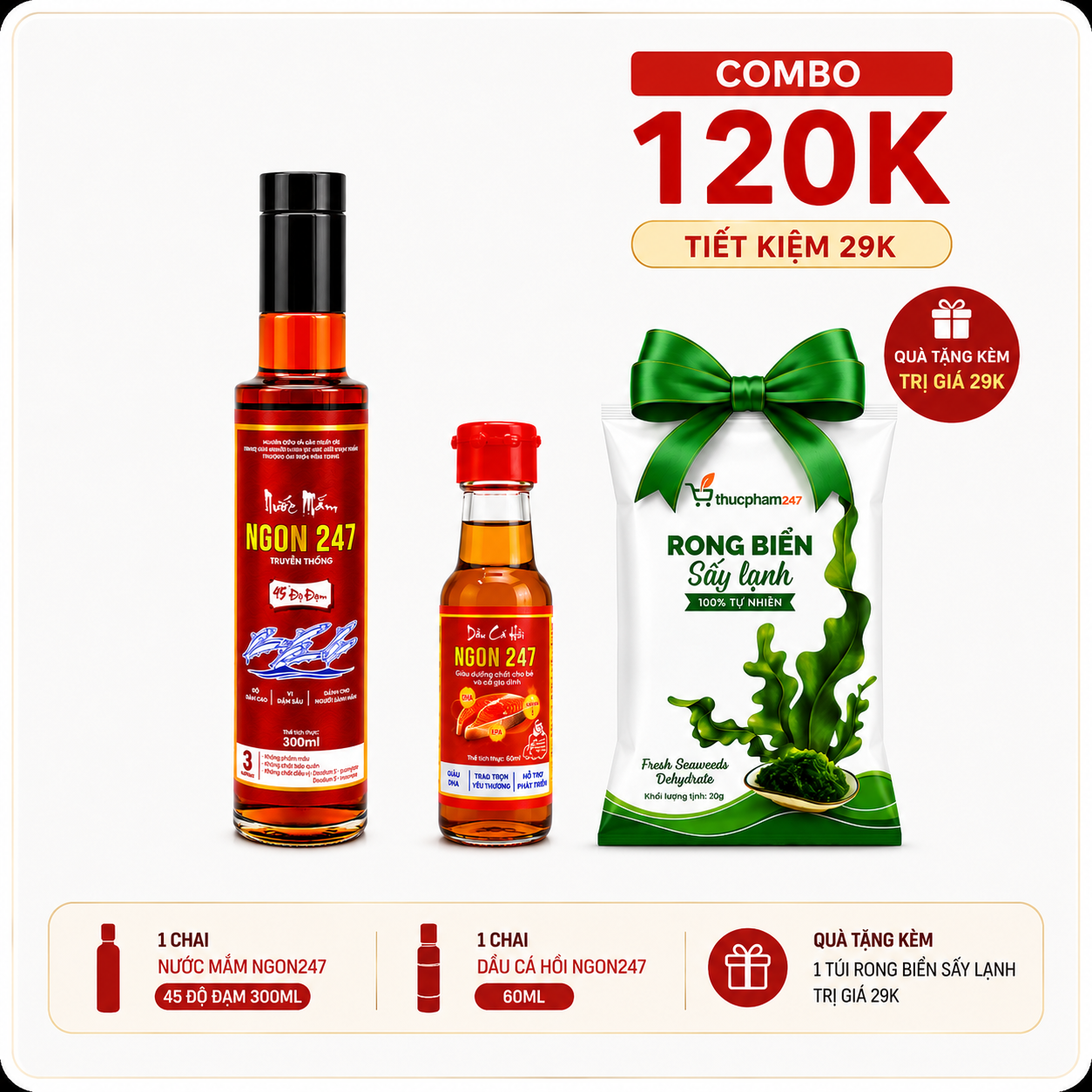COMBO: nước mắm ngon247 - 45 độ đạm + dầu cá hồi Ngon247 + rong biển sấy lạnh