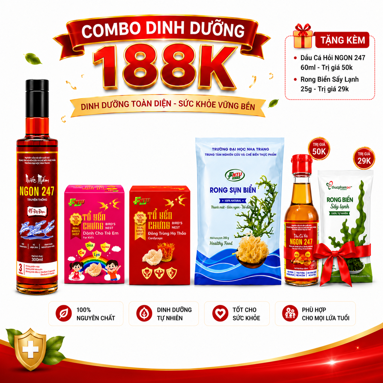 COMBO DINH DƯỠNG GIA ĐÌNH 188K | Nước Mắm 45 + Rong Biển + Yến Kids + Yến Đông Trùng