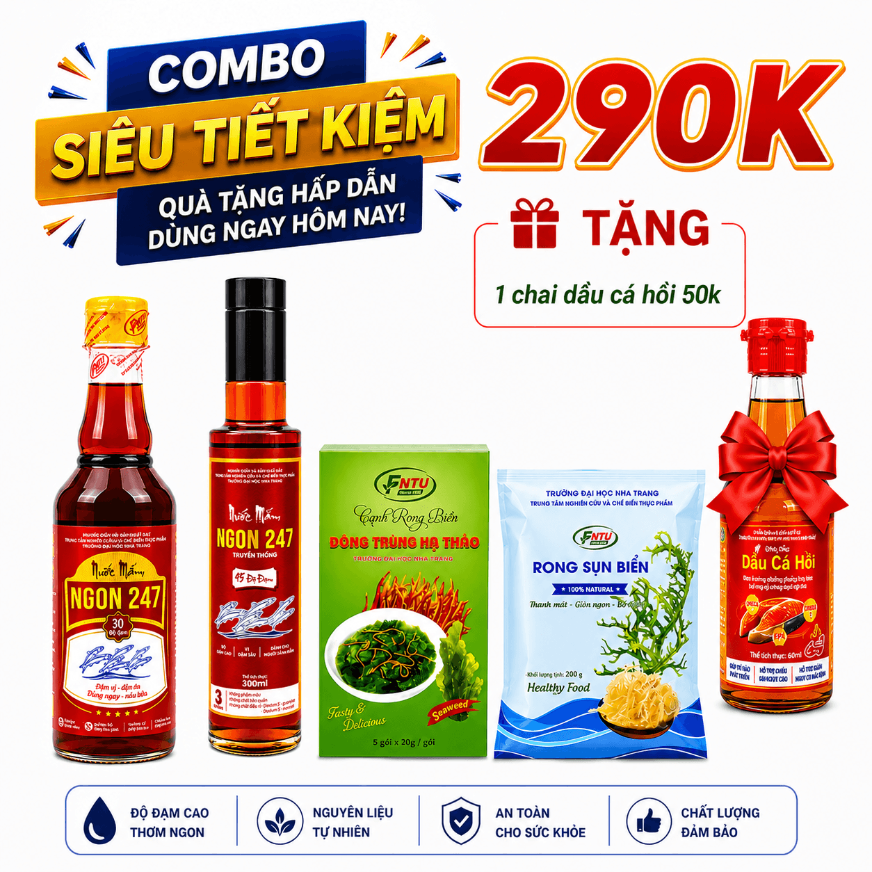 COMBO: nước mắm Ngon247 45 đạm, Nước mắm Ngon247 30 đạm, hộp canh rong đtht, gói rong sụn
