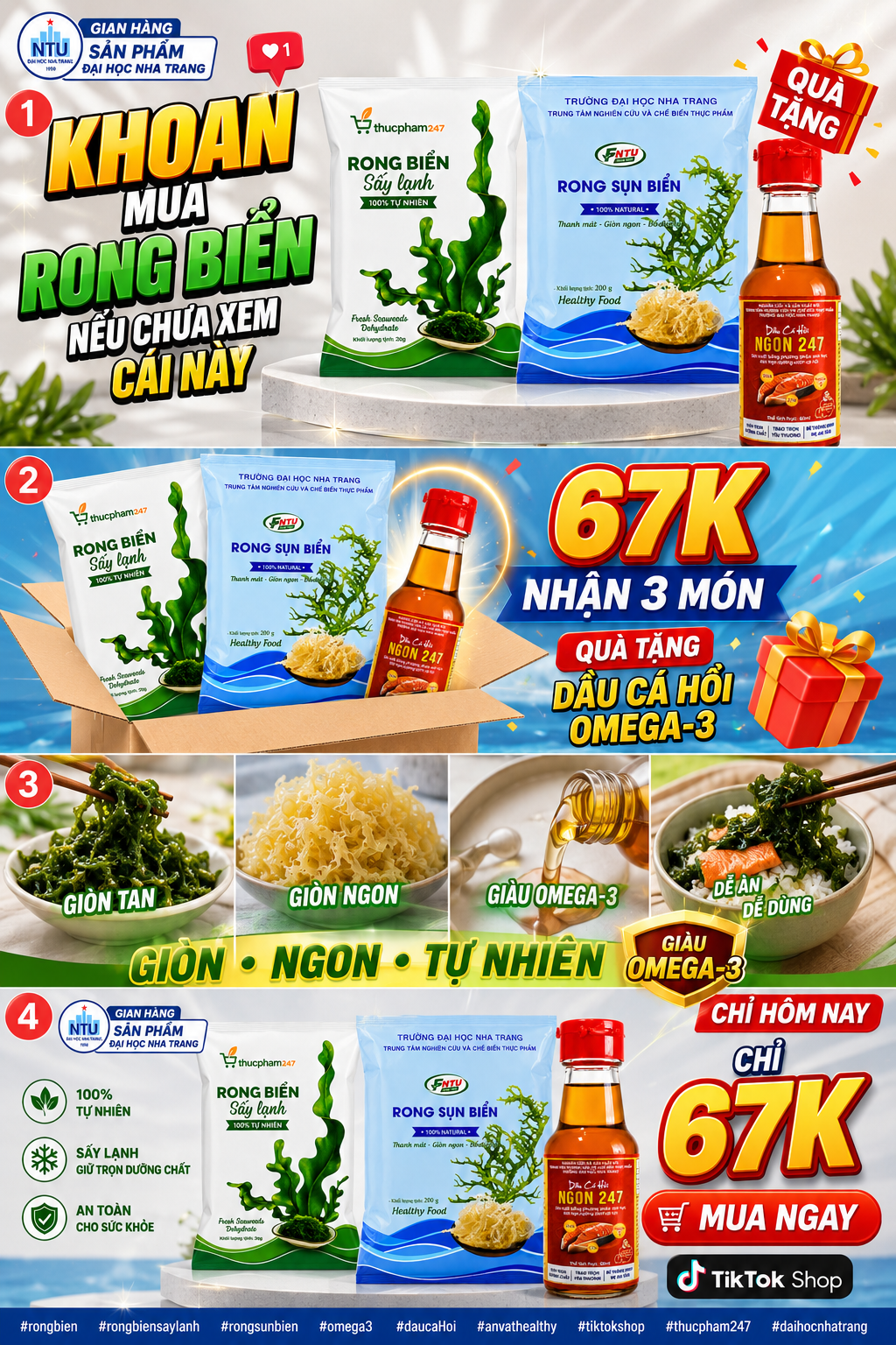 COMBO RONG BIỂN HEALTHY 67K | Rong Biển Sấy Lạnh + Rong Sụn Biển Tặng Dầu Cá Hồi Omega-3