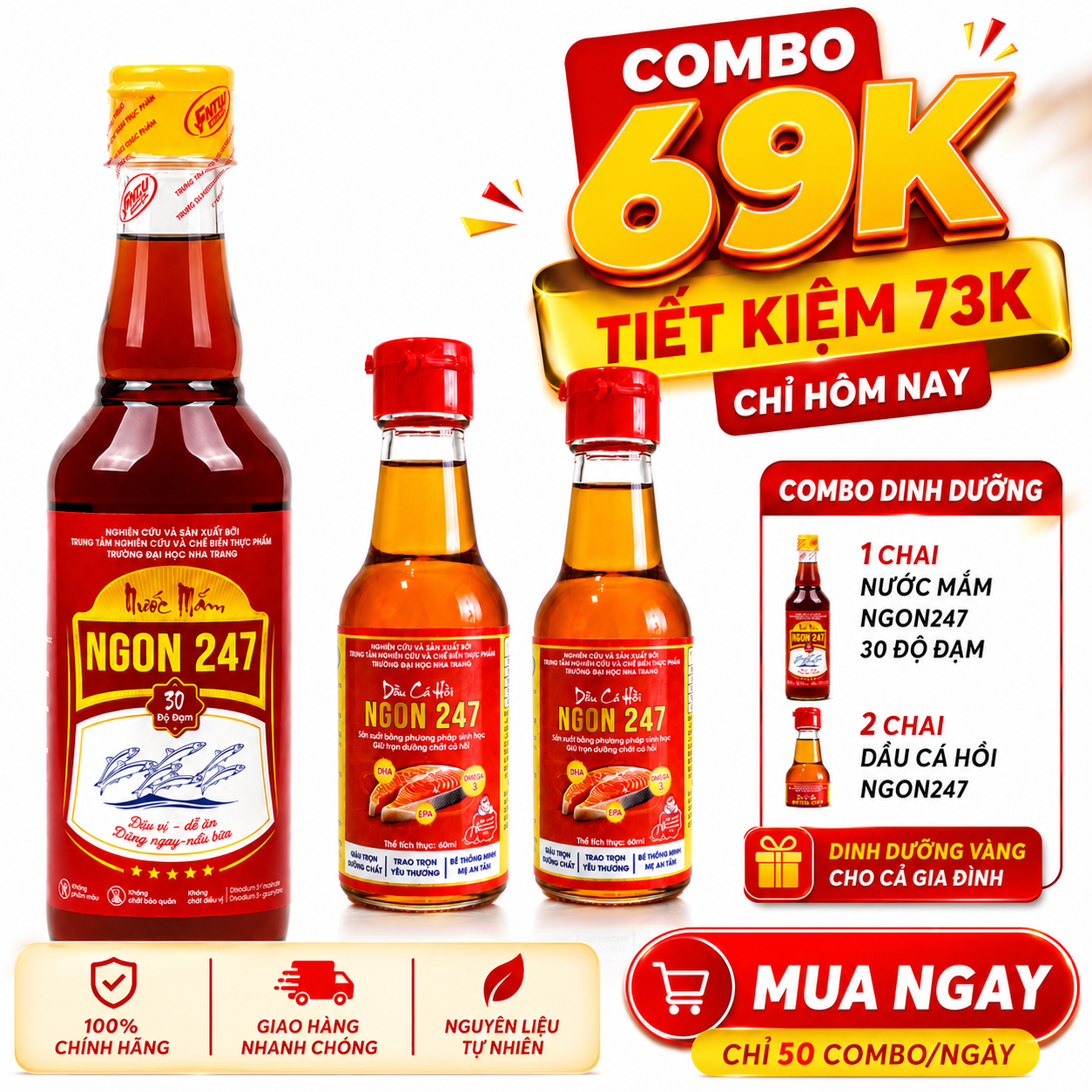 CHỈ 69K – CÓ NGAY COMBO GỒM 1 CHAI NƯỚC MẮM 30 ĐỘ ĐẠM VÀ 2 CHAI DẦU CÁ HỒI ĐẠI HỌC NHA TRANG