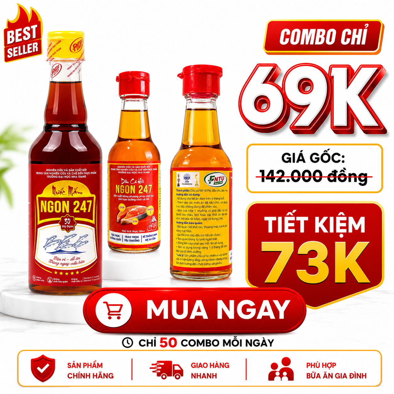 CHỈ 69K – CÓ NGAY COMBO GỒM 1 CHAI NƯỚC MẮM 30 ĐỘ ĐẠM VÀ 2 CHAI DẦU CÁ HỒI ĐẠI HỌC NHA TRANG