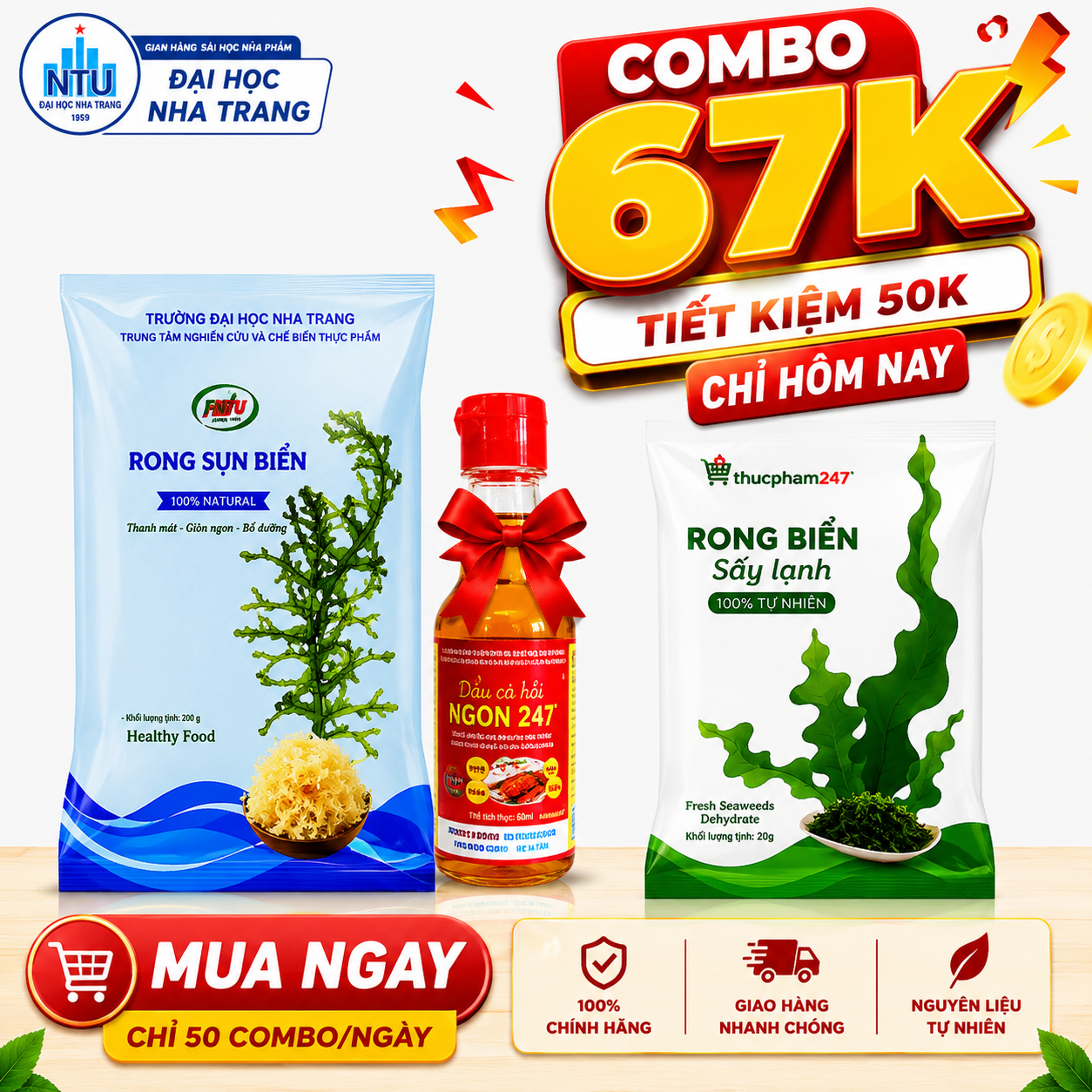 COMBO RONG BIỂN HEALTHY 67K | Rong Biển Sấy Lạnh + Rong Sụn Biển Tặng Dầu Cá Hồi Omega-3