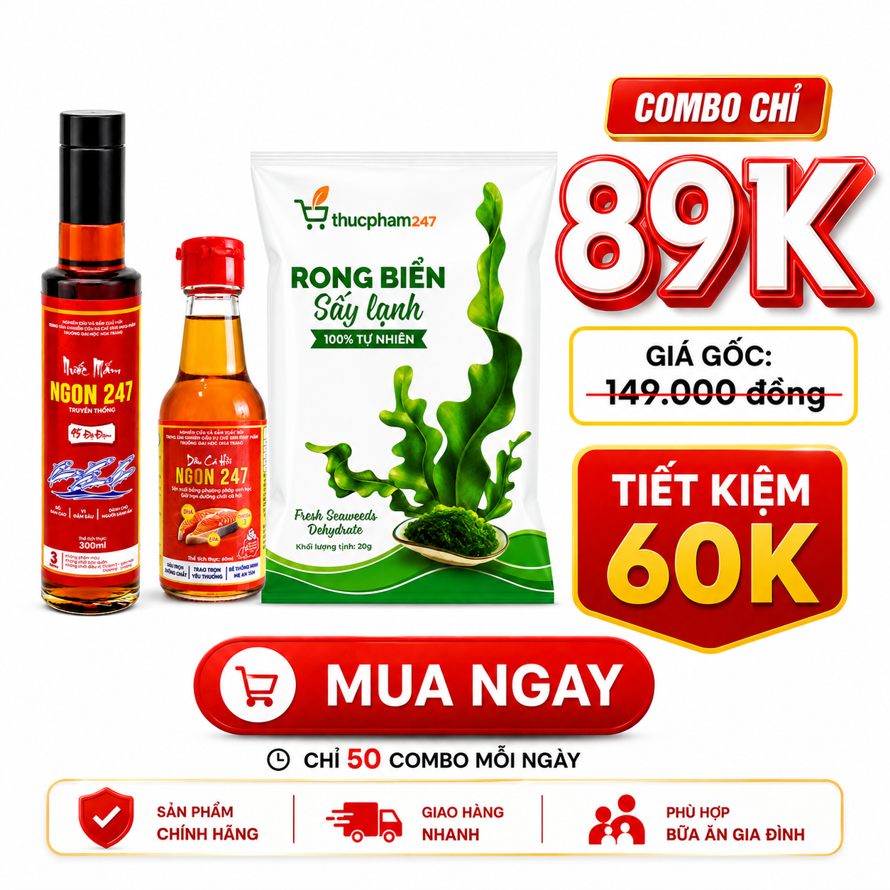 COMBO 89K – CÓ NGAY 3 MÓN ĐẶC SẢN NHA TRANG: Nước mắm truyền thống 45 độ đạm + dầu cá hồi và rong sụn biển