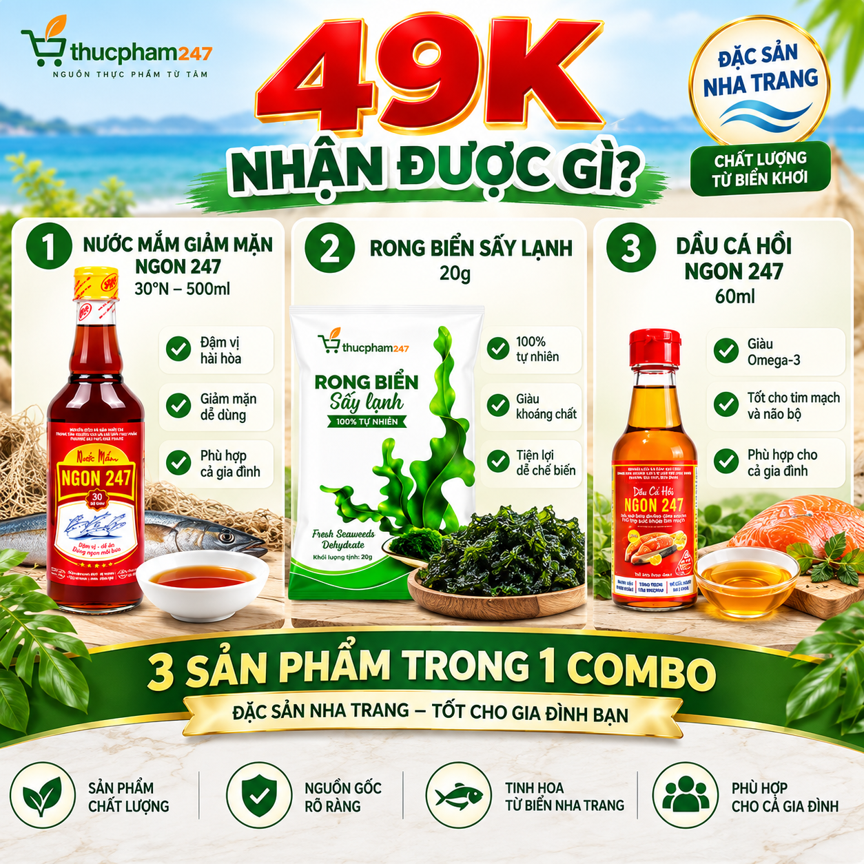 Combo Trải Nghiệm 49K – Nước Mắm, Rong Biển & Dầu Cá Hồi | Đại học Nha Trang