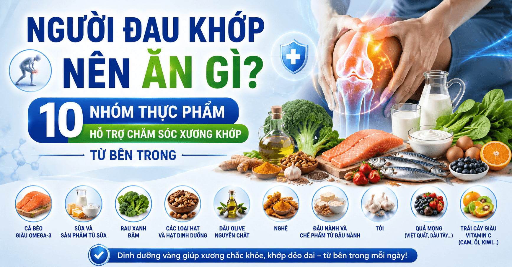 Người đau khớp nên ăn gì? 10 nhóm thực phẩm hỗ trợ chăm sóc xương khớp từ bên trong