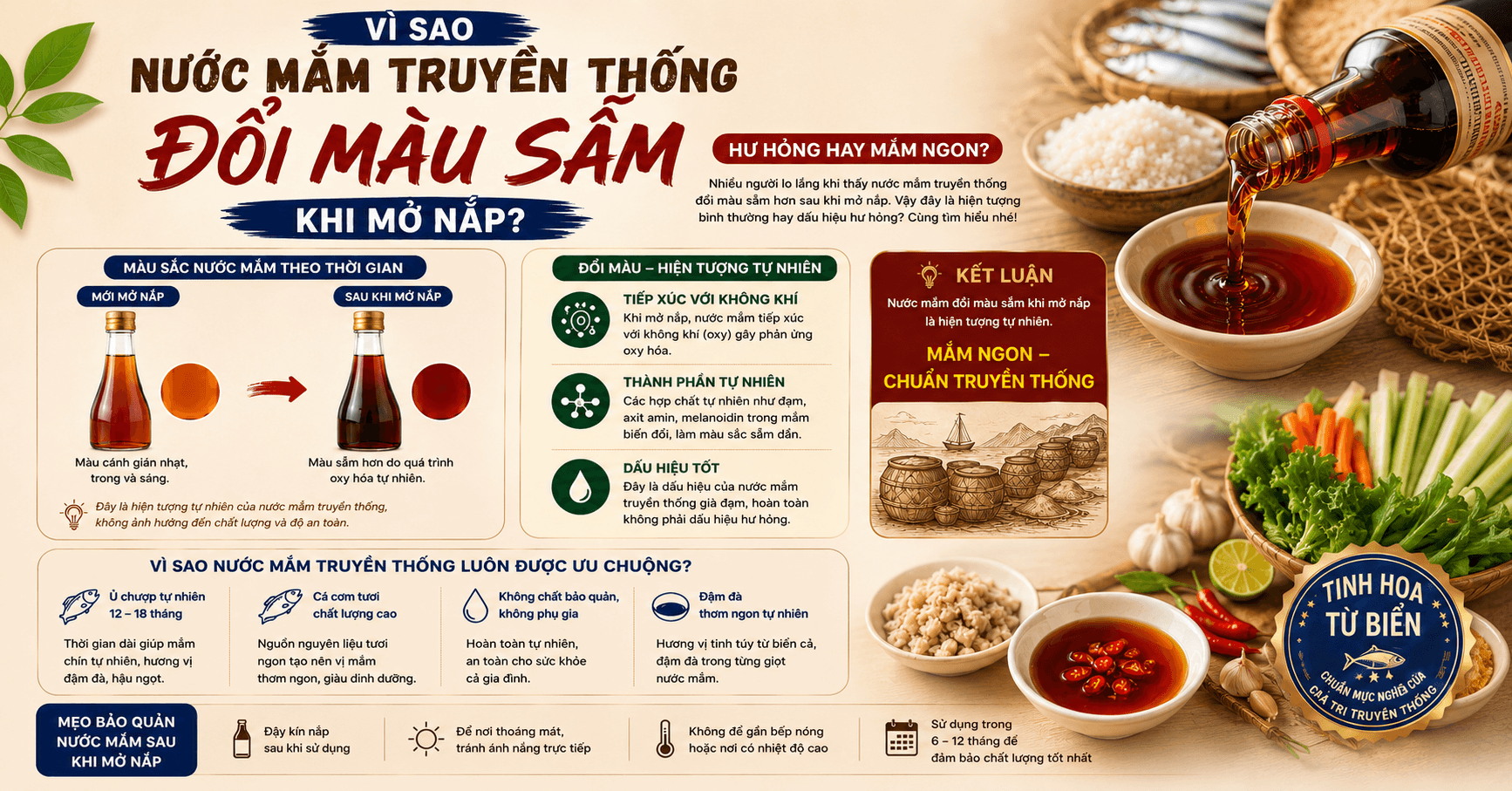 Vì sao nước mắm truyền thống đổi màu sẫm khi mở nắp? Hư hỏng hay mắm ngon?
