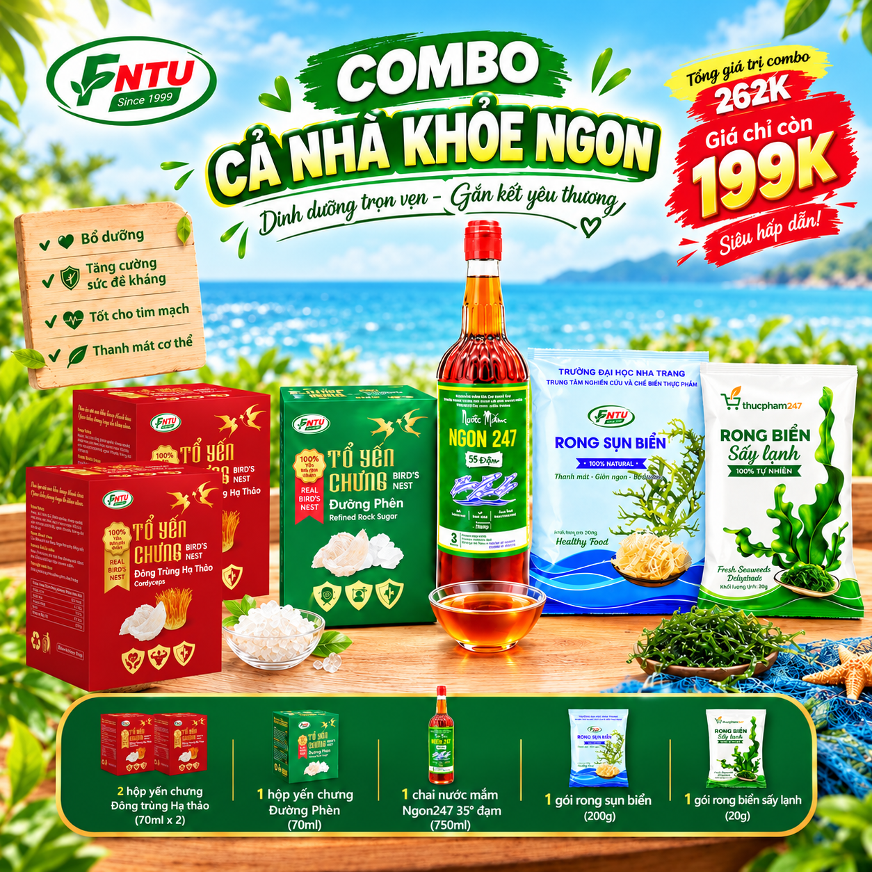Combo Cả Nhà Khỏe Ngon 199K - 2 Yến ĐTHT, 1 Yến ĐP, 1 Mắm 35 đạm, 1 Rong Sấy Lạnh, 1 Rong Sụn.