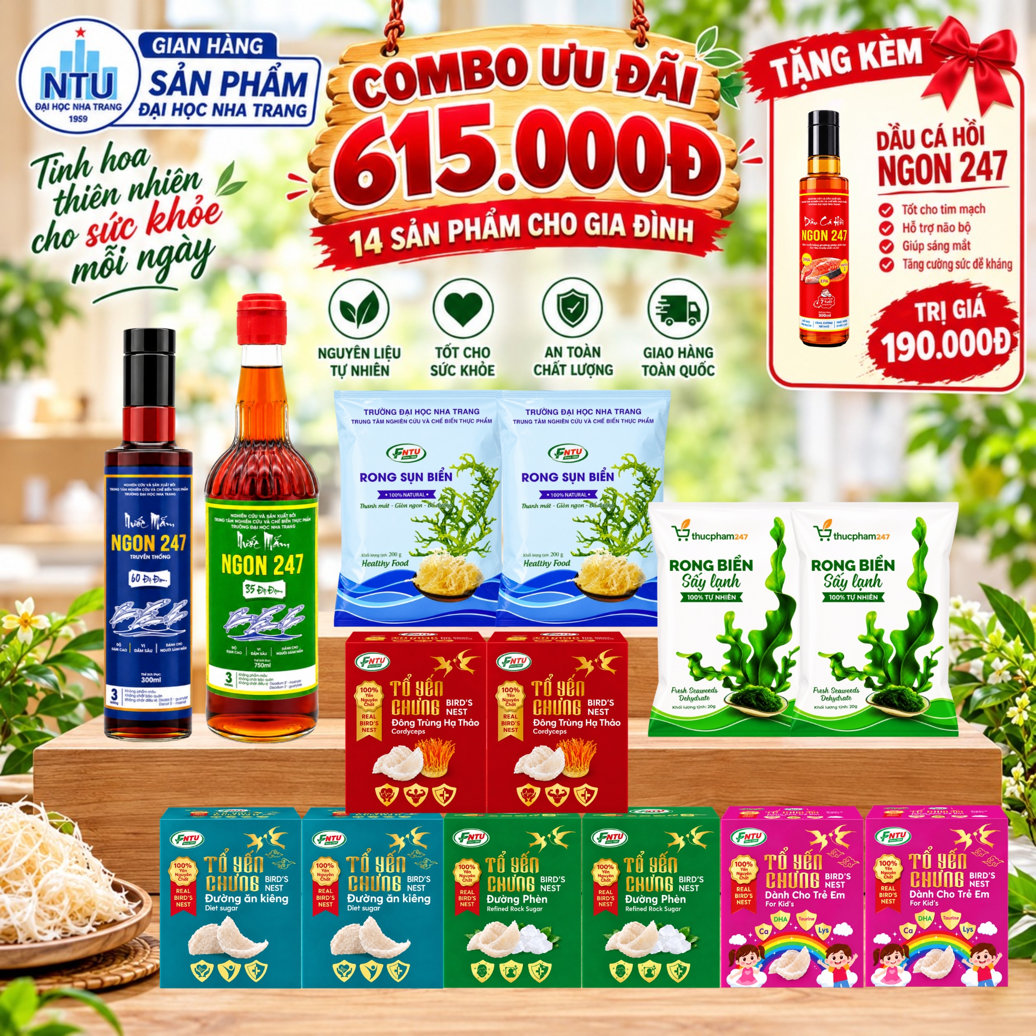 Combo Ưu Đãi 615K: 14 sản phẩm cho gia đình - Tặng ngay 1 chai dầu cá hồi 300ml.